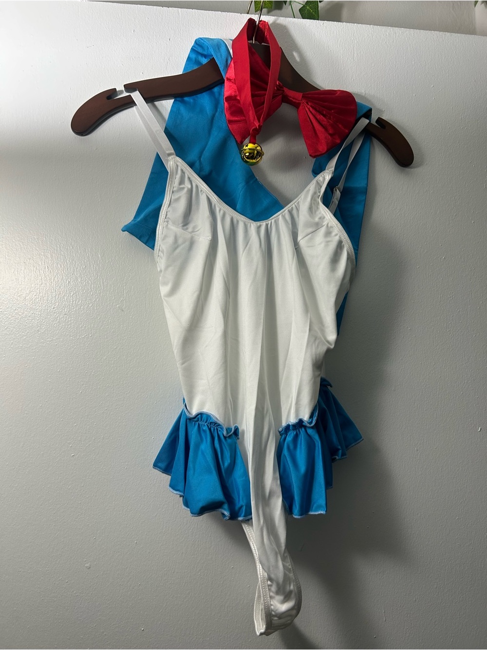 Yandy White & Blue Sailor-Inspired Bodysuit with Red Bow Collar